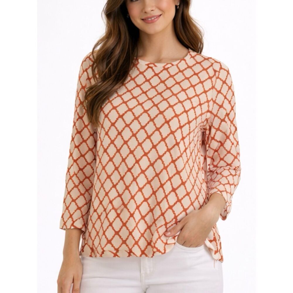 J. McLaughlin Cream and Rust Lattice Print Blouse‎